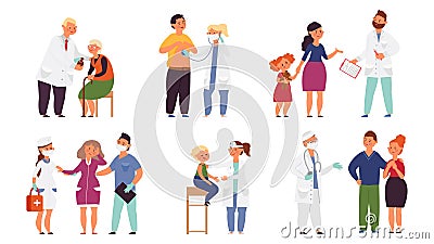 Doctor visiting. Cartoon doctors, woman examining in hospital. Patient talking with nurse, decent medicine for family Vector Illustration