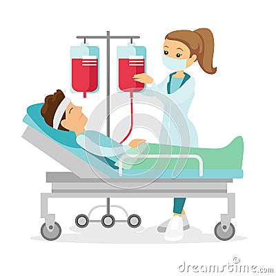 Doctor visiting patient lying in hospital bed. Vector Illustration