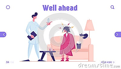 Doctor Visiting Sick Patient at Home Website Landing Page. Unhappy Weak Woman with Thermometer in Mouth Vector Illustration