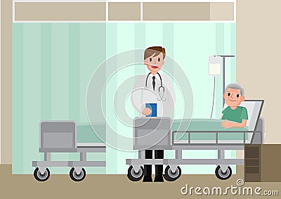 A doctor visits a patient lying on hospital bed. Senior man resting In a Bed. Cartoon Illustration