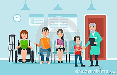 Doctor waiting room. Patients wait doctors and medical help on chairs in hospital. Patient at busy clinic hall vector Vector Illustration