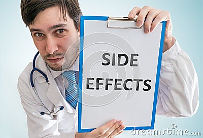 Doctor is warning against side effects of medicine. View from top Stock Photo