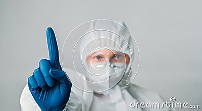 Doctor warning healthcare woman gloves hand sign Stock Photo