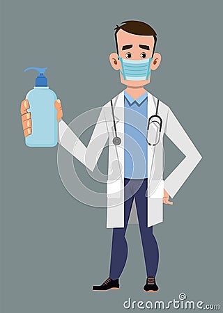 Doctor wear face mask and show hand sanitizer bottle Vector Illustration