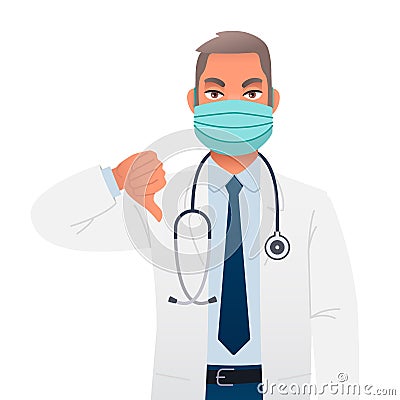 Doctor is wearing a protective mask and shows a dislike. The head physician is a therapist in a white coat with a stethoscope. A Vector Illustration