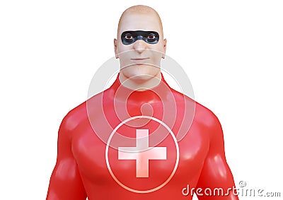 Doctor wearing superhero mask and red costume. Protection concept against viruses and diseases and superhero power for medicine Stock Photo