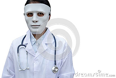 The doctor is wearing a white plastic mask To conceal the face. Concept of criminals in the form of a doctor Stock Photo