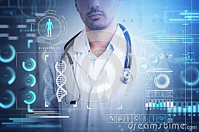 Doctor wearing white suit standing in front of digital interface Stock Photo