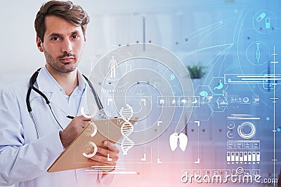 Doctor wearing white suit is taking notes on clipboard Stock Photo