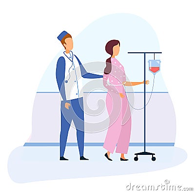 Doctor and Woman with Drip Bulb Walking Cartoon Vector Illustration