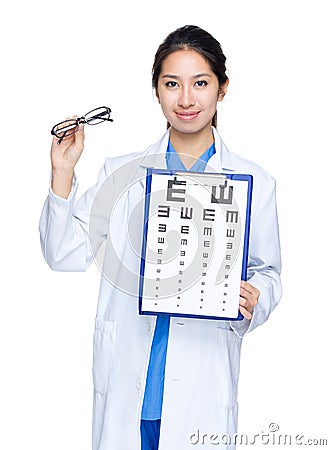 Doctor woman with eye chart and glasses Stock Photo