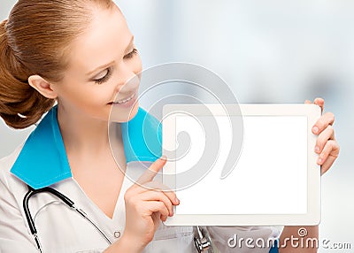 Doctor woman holding a blank white tablet computer Stock Photo