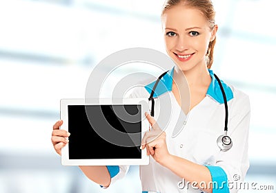 Doctor woman holding a blank white tablet computer Stock Photo