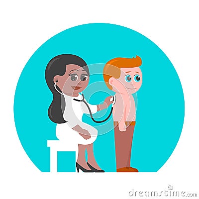 Doctor woman listening to the breath of a boy Vector Illustration