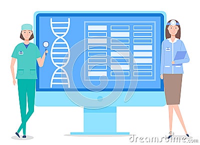 Doctor woman with magnifying glass with ent woman near open medical website at screen of computer Vector Illustration