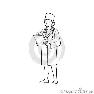 Doctor woman in professional uniform. Line art style character vector black white isolated illustration. Vector Illustration