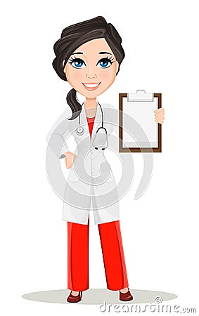 Doctor woman with stethoscope. Cute cartoon smiling doctor character in medical gown holding blank clipboard Vector Illustration