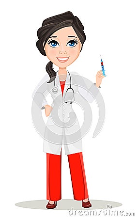 Doctor woman with stethoscope. Cute cartoon smiling doctor character in medical gown holding syringe with vaccine. Vector Illustration