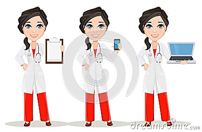 Doctor woman with stethoscope. Set. Cute cartoon smiling doctor character in medical gown Vector Illustration
