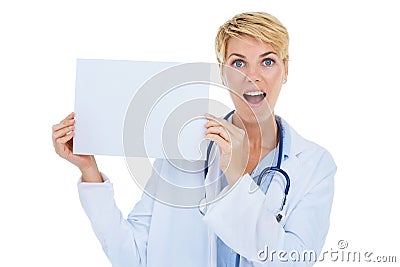 Doctor, woman and surprise in portrait, poster for advertising and healthcare info with board on white background Stock Photo