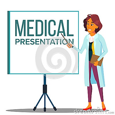 Doctor Woman In White Coat Near Meeting Projector Screen, Medical Presentation Vector. Isolated Cartoon Illustration Vector Illustration