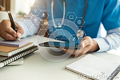 Doctor work on digital tablet healthcare doctor technology tablet in the morning. Stock Photo