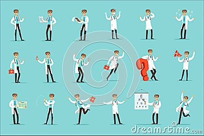 Doctor Work Process Set Of Hospital Related Scenes With Young Medical Worker Cartoon Character Vector Illustration