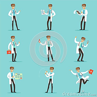 Doctor Work Process Set Of Hospital Related Scenes With Young Medical Worker Cartoon Character Vector Illustration