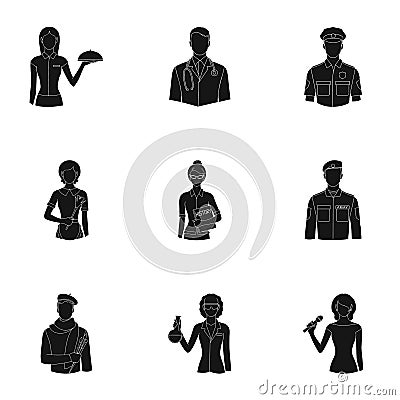 Doctor, worker, military, artist and other types of profession.Profession set collection icons in black style vector Vector Illustration