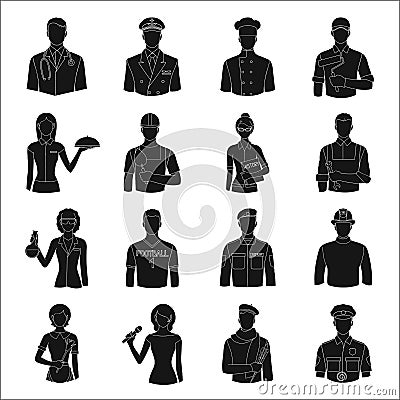 Doctor, worker, military, artist and other types of profession.Profession set collection icons in black style vector Vector Illustration