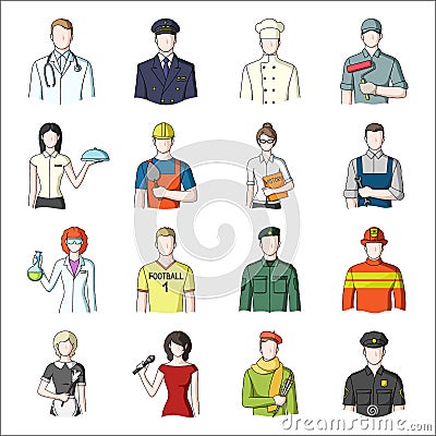 Doctor, worker, military, artist and other types of profession.Profession set collection icons in cartoon style vector Vector Illustration