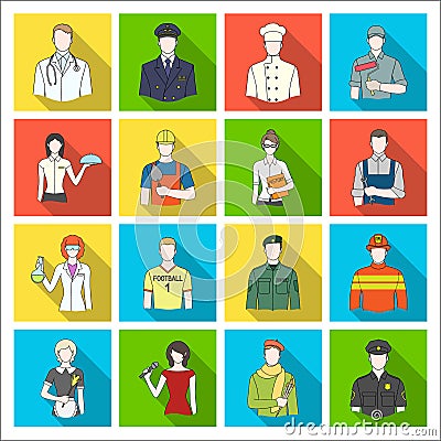 Doctor, worker, military, artist and other types of profession.Profession set collection icons in flat style vector Vector Illustration