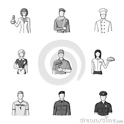 Doctor, worker, military, artist and other types of profession.Profession set collection icons in monochrome style Vector Illustration