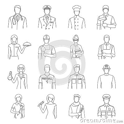 Doctor, worker, military, artist and other types of profession.Profession set collection icons in outline style vector Vector Illustration