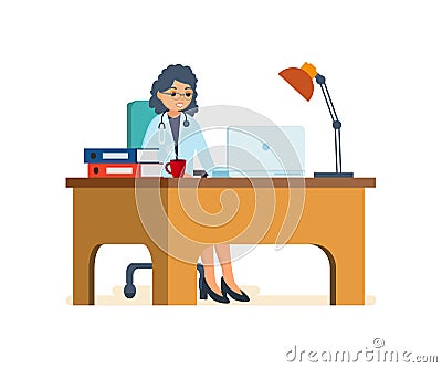 Doctor working in his office behind computer, documents of patients. Vector Illustration