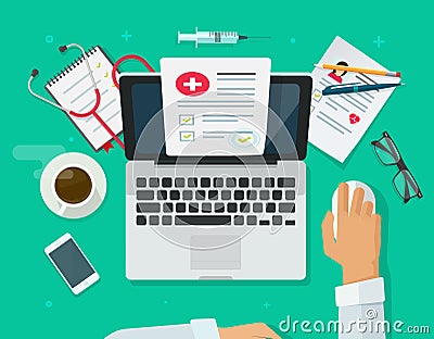 Doctor working on laptop researching medical record or insurance on desktop vector illustration, flat cartoon medic Vector Illustration