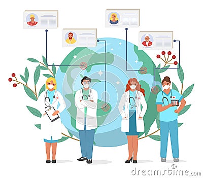 Doctor and nurse working online over world vector Vector Illustration