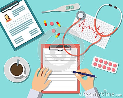 Doctor Working At The Table In Clinic Vector Illustration