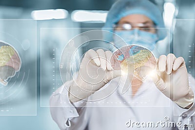 Doctor works with interface on computer with brain functions Stock Photo