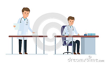 Doctor works with personal cards of patients and documents. Vector Illustration