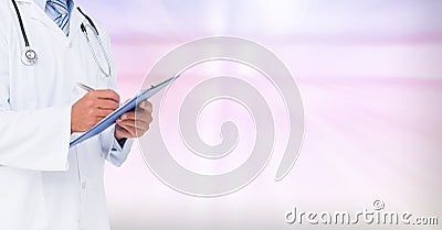 Doctor writing on clipboard against digitally generated background Stock Photo