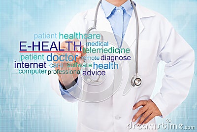 Doctor writing E-health word. Stock Photo