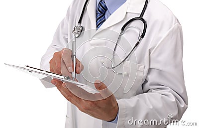 Doctor writing on medical chart Stock Photo