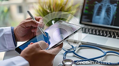 Doctor Writing on Tablet Next to Laptop Stock Photo