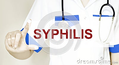 Doctor writing word SYPHILIS with hands, Medical concept Stock Photo