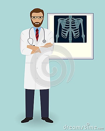 Doctor on a x-ray radiograph background. Medical employee. Hospital staff concept. Vector Illustration