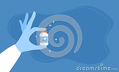 A doctor's hand in a blue medical glove holding a jar of medicine or vitamins on a blue background with copy space. Vector Vector Illustration