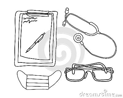 The doctor's writing materials are a stethoscope, a mask, glasses and a notebook. Cartoon Illustration