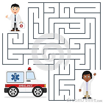 Doctors and Ambulance Maze for Kids Vector Illustration