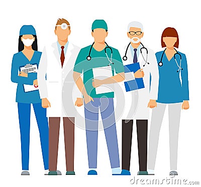 Doctors and assistant in a dressing gown with a stethoscope isolated on a white background. Doctor without a face. vector illustra Vector Illustration